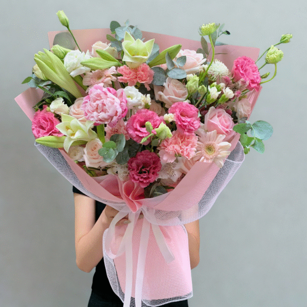 B017 - Bó hoa hồng Pastel & Lily Vàng